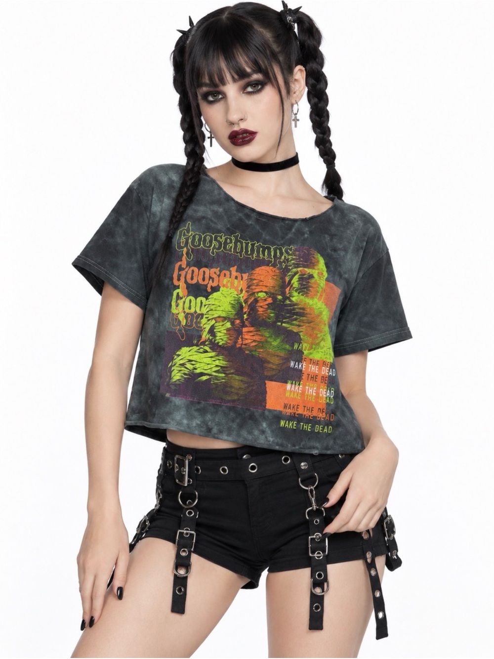 Goosebumps Wake the Dead Mummy Acid Wash Raw Hem Crop Tee Size M